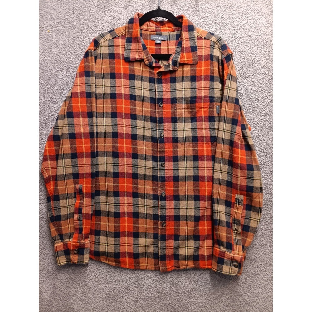 Eddie Bauer Plaid Flannel Shirt Men's XL Orange Navy 100% Cotton